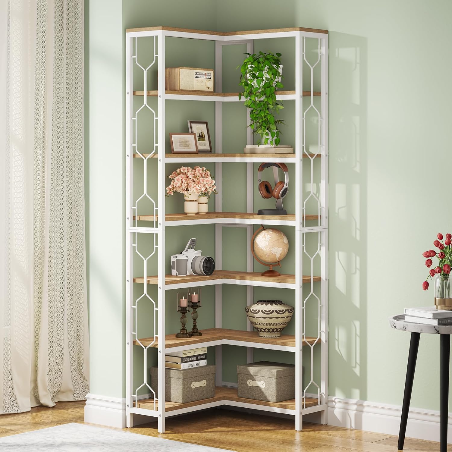 Tribesigns 7-Tier Corner Shelf, 78.7' Tall Bookshelf with Storage, Corner Bookshelf and Bookcase, Industrial Display Shelf for Living Room, Bed Room, Home Office (White and Natural)