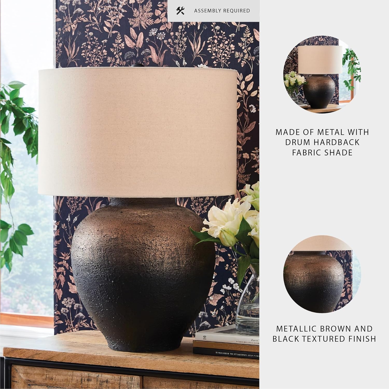 Signature Design by Ashley Newgerhard Industrial Table Lamp with 3-Way Switch and Drum Shade, Dark Brown & Black