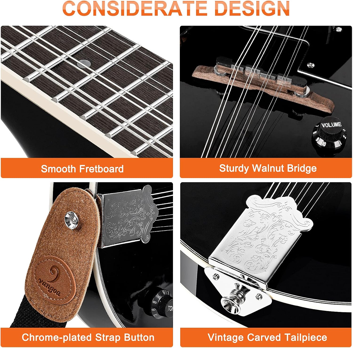 Vangoa Mandolin Instrument Mahogany Acoustic Electric A Style Mandolin Musical Instrument for Beginner Adults Teens Kids, Black