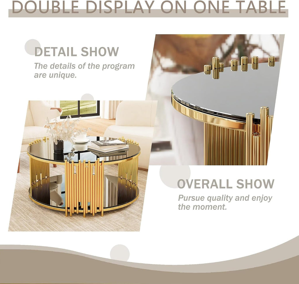 Luxury Round Glass Coffee Table 36', Modern 2-Tier Center Table with Gold Stainless Steel Irregular Legs, Cocktail Table for Living Room, Black and Gold