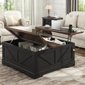 Hlivelood 40' Large Farmhouse Lift Top Coffee Table with Power Outlets and Large Hidden Storage, Square Wood Living Room Tables, Multi-Function Lift Wooden Barn Door Center Table, Black