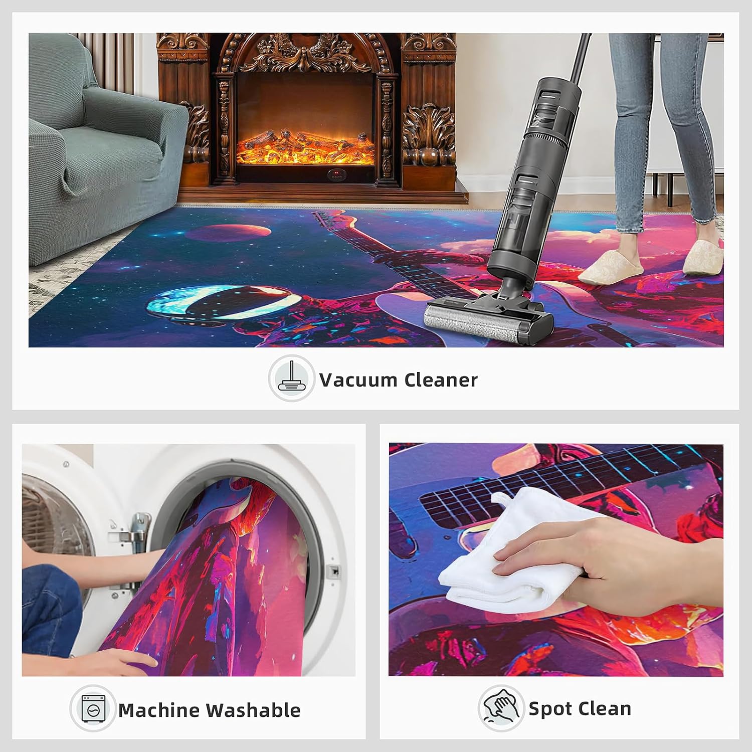 Guitar Rugs for Music Room - 5x7 Rug, Passion Rock Rug, Music Lovers Washable Area Rugs for Bedroom, Fantasy Galaxy Carpet, Boys Room Carpet - Guitar Home Decor & Gift