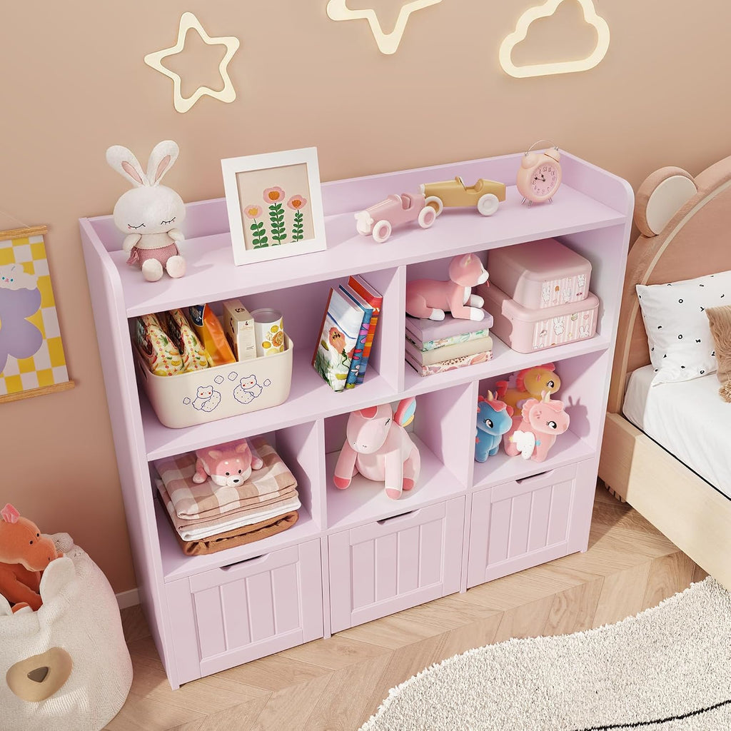 Gizoon Toy Storage Organizer with 3 Movable Drawers and 6 Open Shelves Kids Bookshelf Featuring Fall Prevention Barrier for Playroom Nursery Kids Room Organization, Pink, Painted