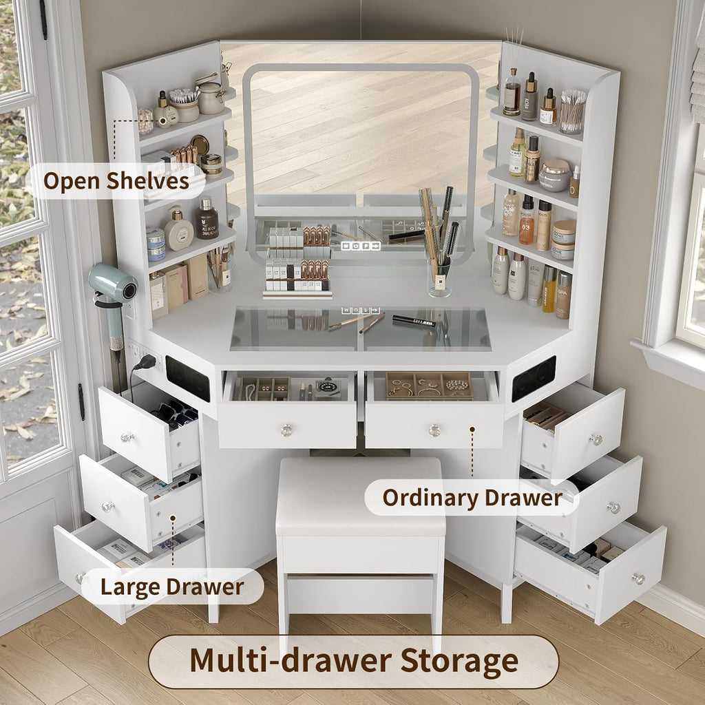 Yanosaku Corner Vanity Desk with Buil-in Speaker, 8 Drawers & 6 Shelves, Makeup Vanity with Glass Top, Modern Vanity with Mirror and Lights, 3 Color Lighting Modes, Dressing Table for Bedroom, White