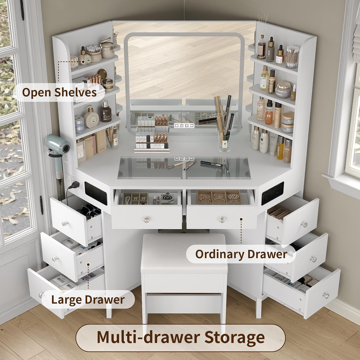 Yanosaku Corner Vanity Desk with Buil-in Speaker, 8 Drawers & 6 Shelves, Makeup Vanity with Glass Top, Modern Vanity with Mirror and Lights, 3 Color Lighting Modes, Dressing Table for Bedroom, White