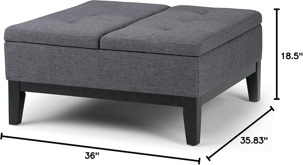 SIMPLIHOME Dover 36 inch Wide Contemporary Square Coffee Table Storage Ottoman in Slate Grey Linen Look Fabric, Assembled, For the Living Room and Bedroom