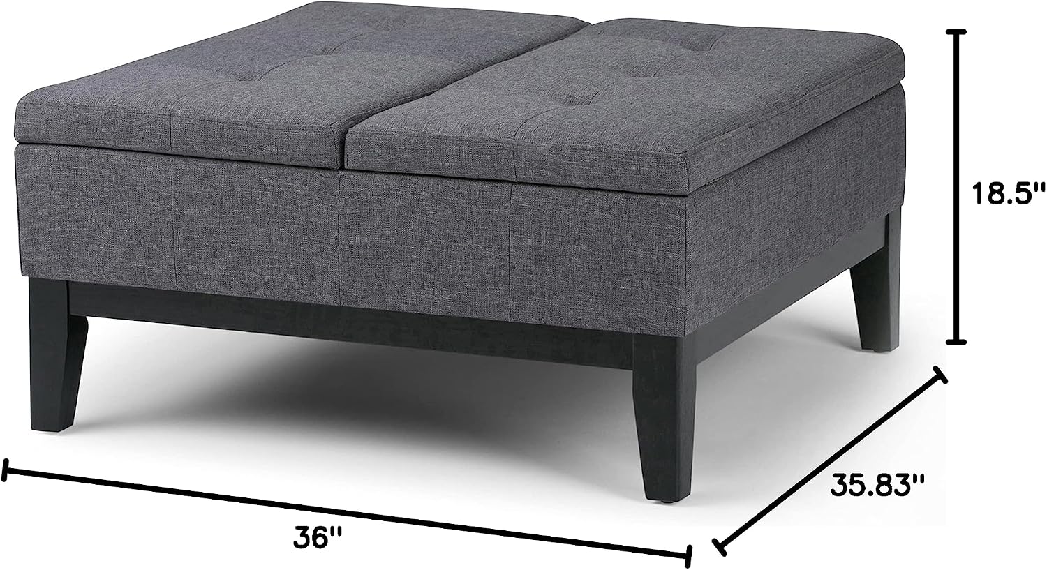 SIMPLIHOME Dover 36 inch Wide Contemporary Square Coffee Table Storage Ottoman in Slate Grey Linen Look Fabric, Assembled, For the Living Room and Bedroom