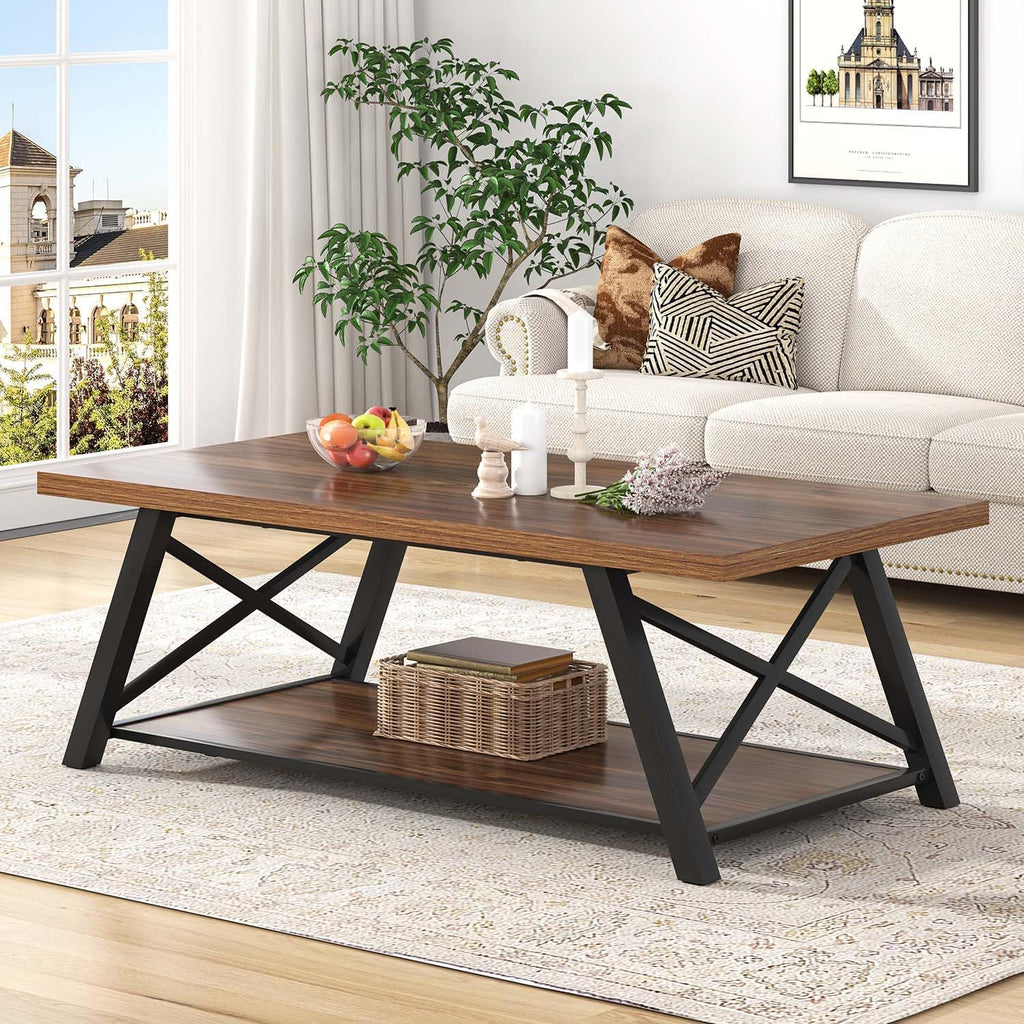 EXCEFUR Modern Coffee Table, Industrial Living Room Center Table with Storage Shelf, Rectangle Wood and Metal Cocktail Tea Table, Rustic Walnut, 47 Inch