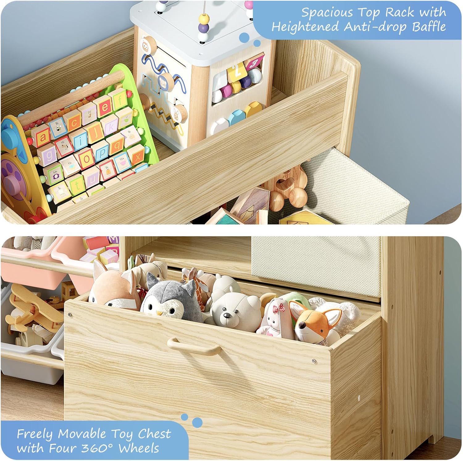 EXPERLAM Toy Storage Organizer for Kids, 9-Bin Toy Organizer with 2-Drawers,Movable Toy Chest and Top Rack, Kids Bookshelf and Toy Storage for Playroom, Bedroom, Nursery, Multi-Color