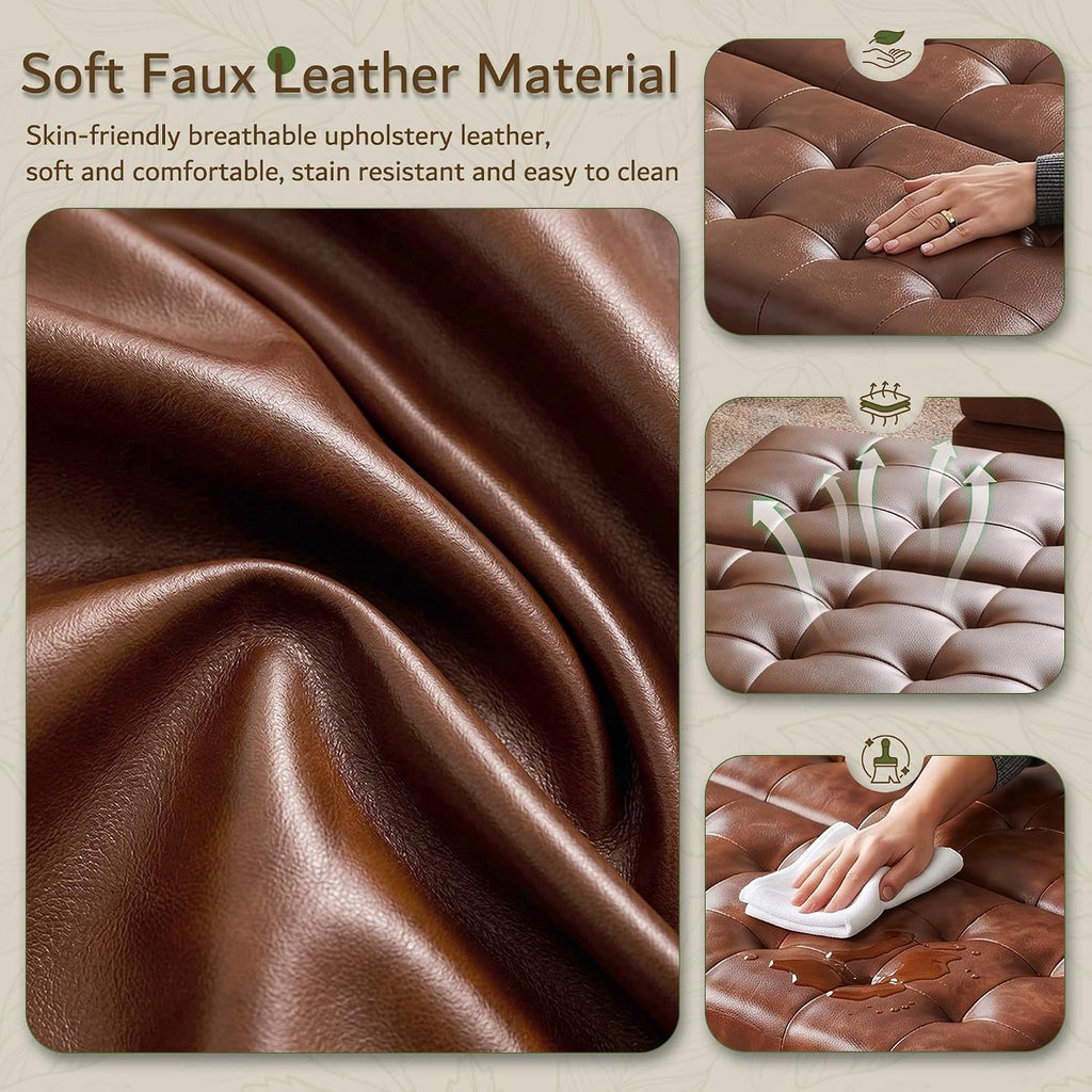 LINLUX 35.5 Inch Large Leather Storage Ottoman, Square Ottoman Coffee Table, Lift Top Tufted Ottomans Toy Box Footrest for Living Room, Brown