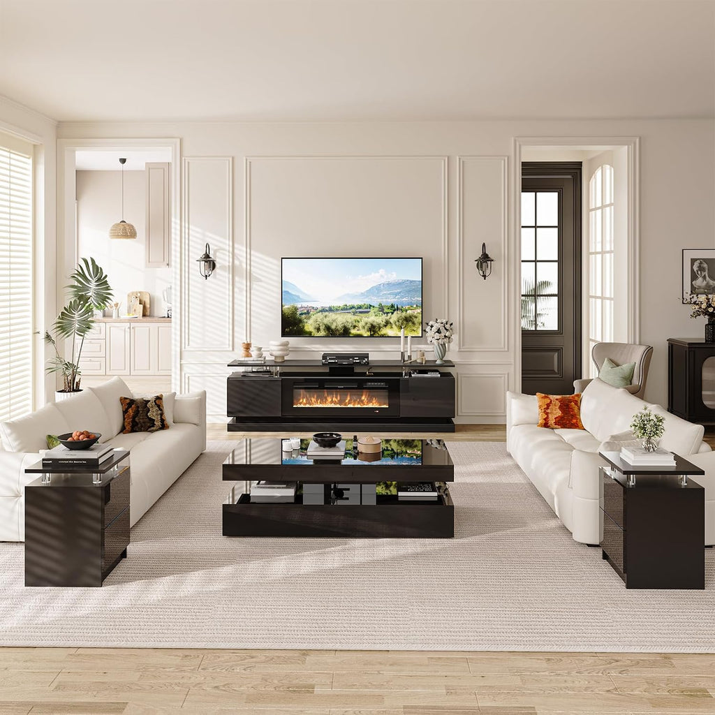 4-Piece Modern Living Room Table Set, Includes High Gloss 70' Fireplace TV Stand, 47' LED Coffee Table and 15' End Tables Set of 2 with Storage Drawers, Black