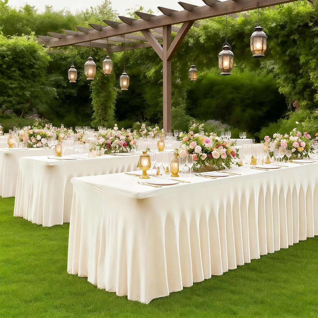 6 Pack Beige Spandex Fitted Tablecloth 8 Foot - Stretch Table Clothes for 8 FT Rectangle Table, Washable Ruffles Elastic for Weddings, Buffet, Banquet, Trade Craft Show, Party Celebration