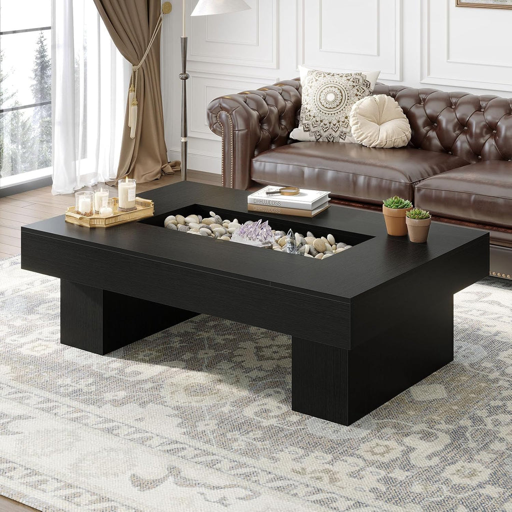 LVB Black Coffee Table, Modern Wood Led Living Room Table with Storage, Unique Large Wide Rectangle Center Table with LED Light, Contemporary low Tea Table for Bedroom Home Office, 47.24 In, Black Oak
