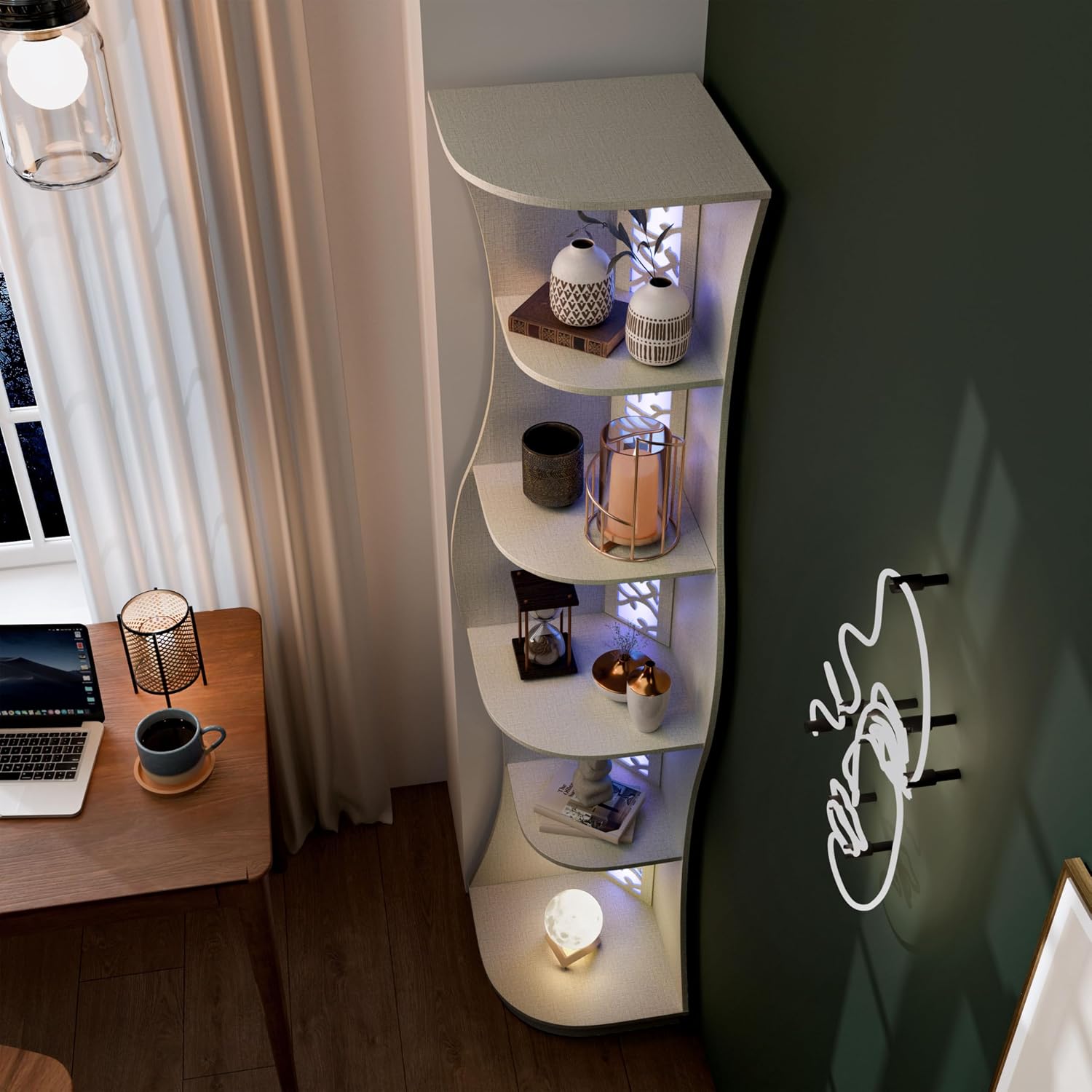 Homes: Inside + Out Connelly Modern 5 Shelf LED Bookcase, Unique Thin Wood Bookshelf with Storage and Remote, Office Shelving,Tall Book Shelf for Bedroom, Living Room and Small Spaces, Cream Weave