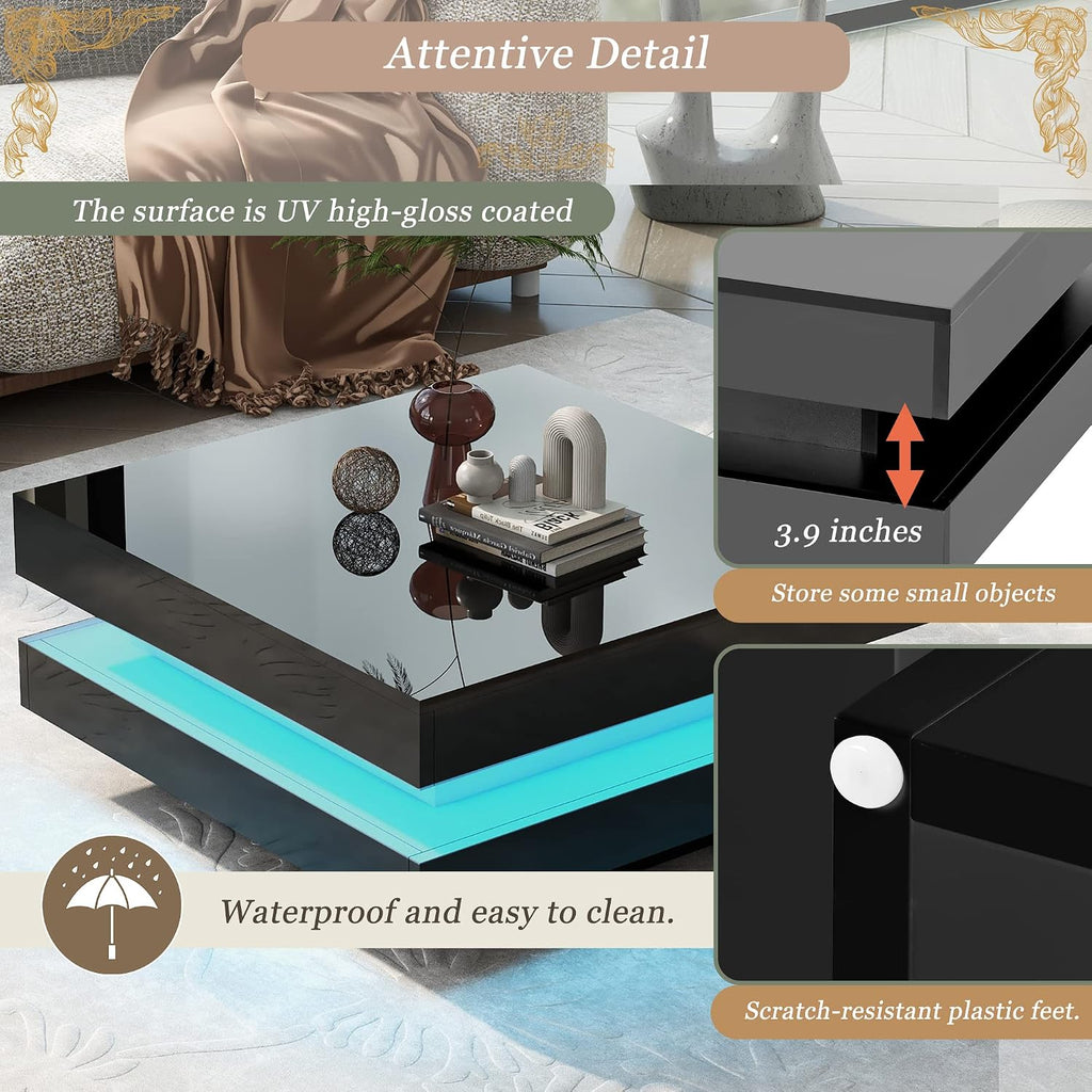 Merax Modern Minimalist Design High Gloss 31.5 x 31.5 inch 2-Tier Square Coffee Table with Plug-in 16-Color LED Lights for Living Room, Black