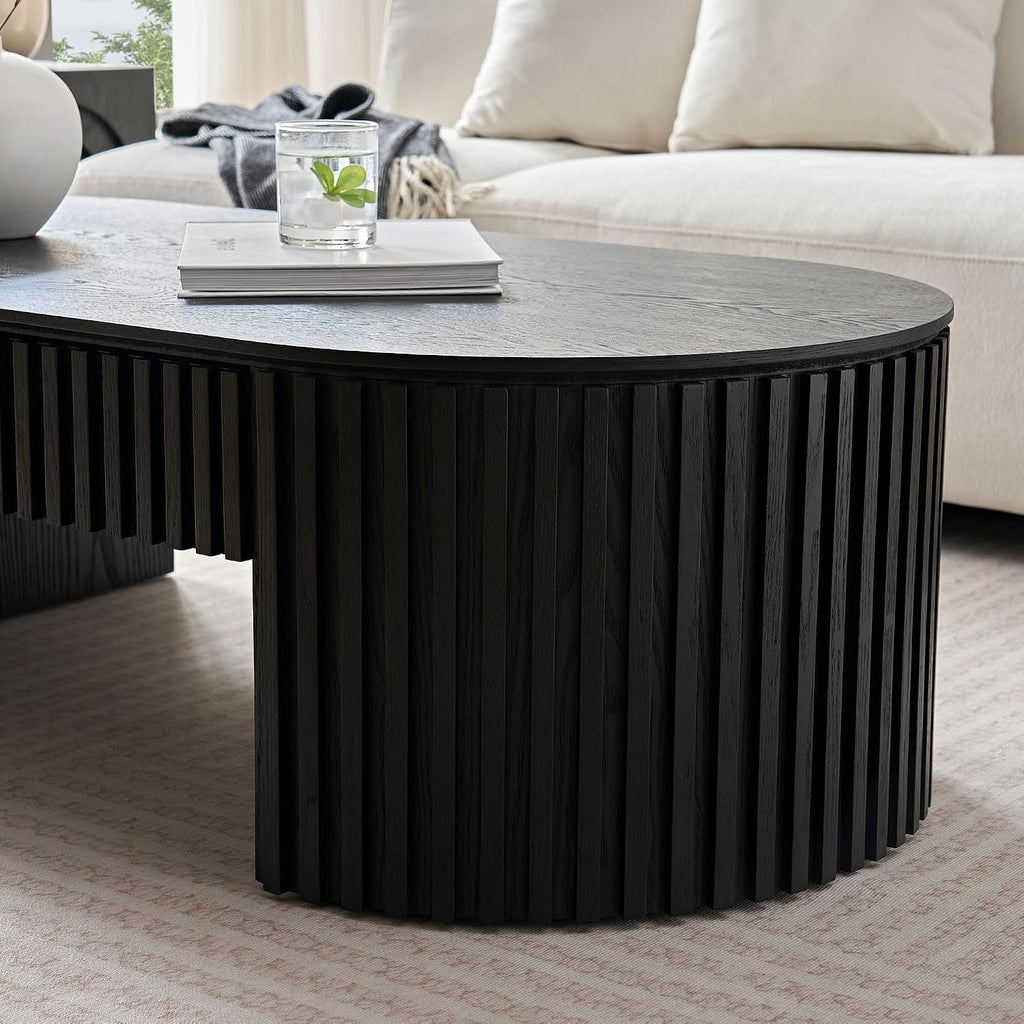 JUSTONE 51.18'' Black Oval Wood Coffee Table with Drawer, Farmhouse Wood Coffee Table for Living Room,Apartment(Black)
