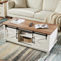AMERLIFE Farmhouse Coffee Table with Sliding Barn Doors & Storage Cabinet for Living Room, 48' Modern Center Table, Adjustable Shelves, Rustic White