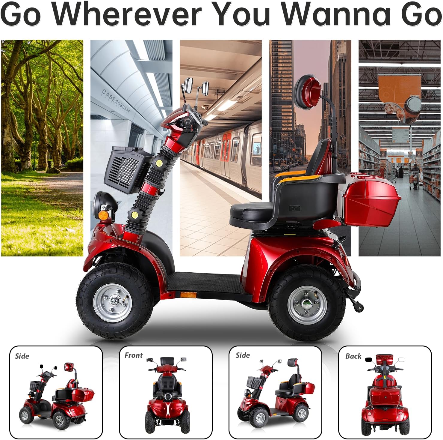 Mobility Scooters for Seniors & Adults 400 Lb Weight All Terrain,Heavy Duty Foldable 4-Wheel Powered Scooter,Disability Electric Wheelchair with Lightweight Frame,Electromagnetic Brake,Red