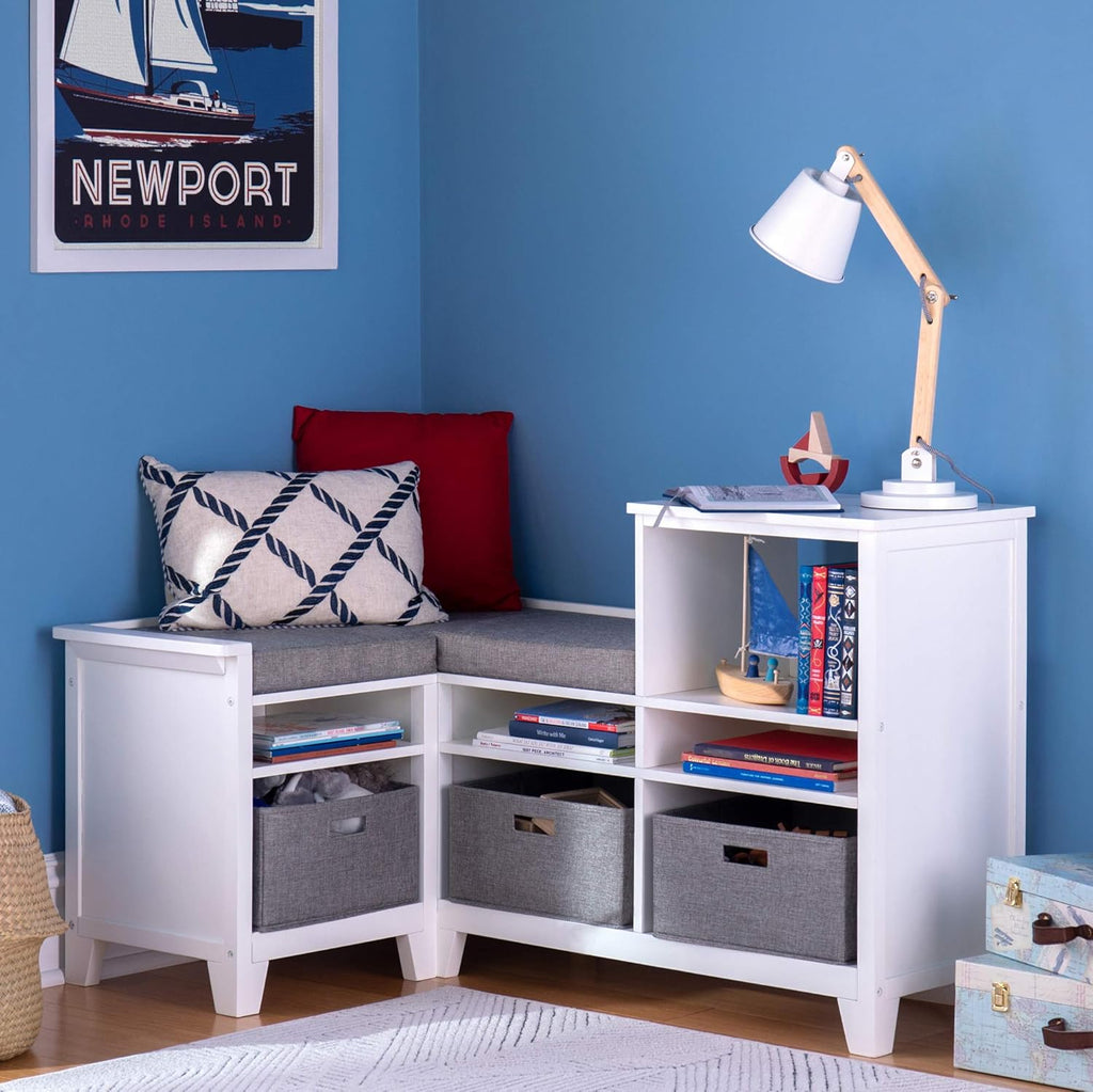 Martha Stewart Kids' Corner Nook - Linen White: Wooden Storage Bench Bookcase Organizer with Seat Cushion and Fabric Bins for Reading in Bedroom or Playroom