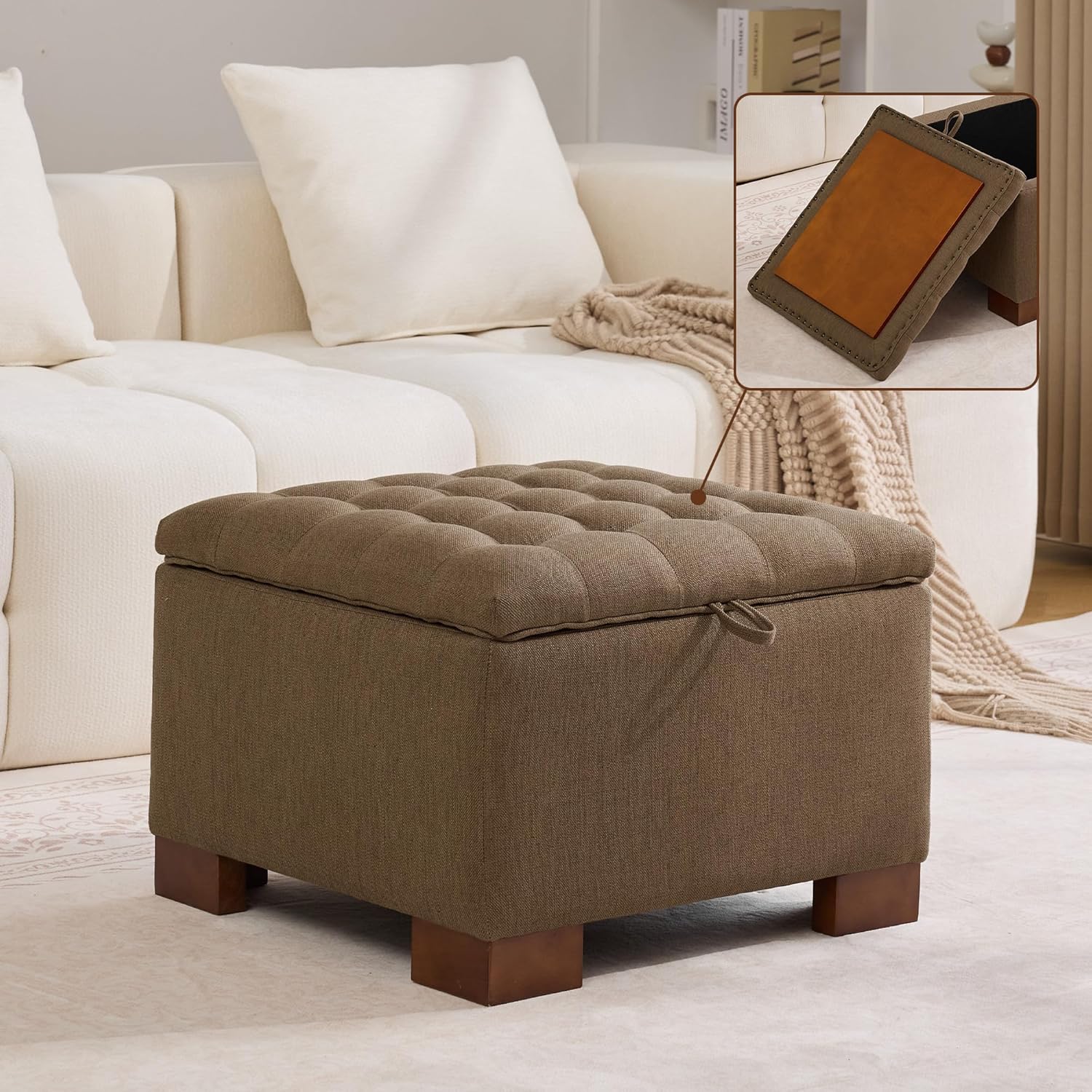 WUTUTUEE 24' Fabric Square Storage Ottoman with Wooden Tray, Modern Tufted Button Footstool Coffee Table, Upholstered Small Ottoman for Living Room, Bedroom, Brown