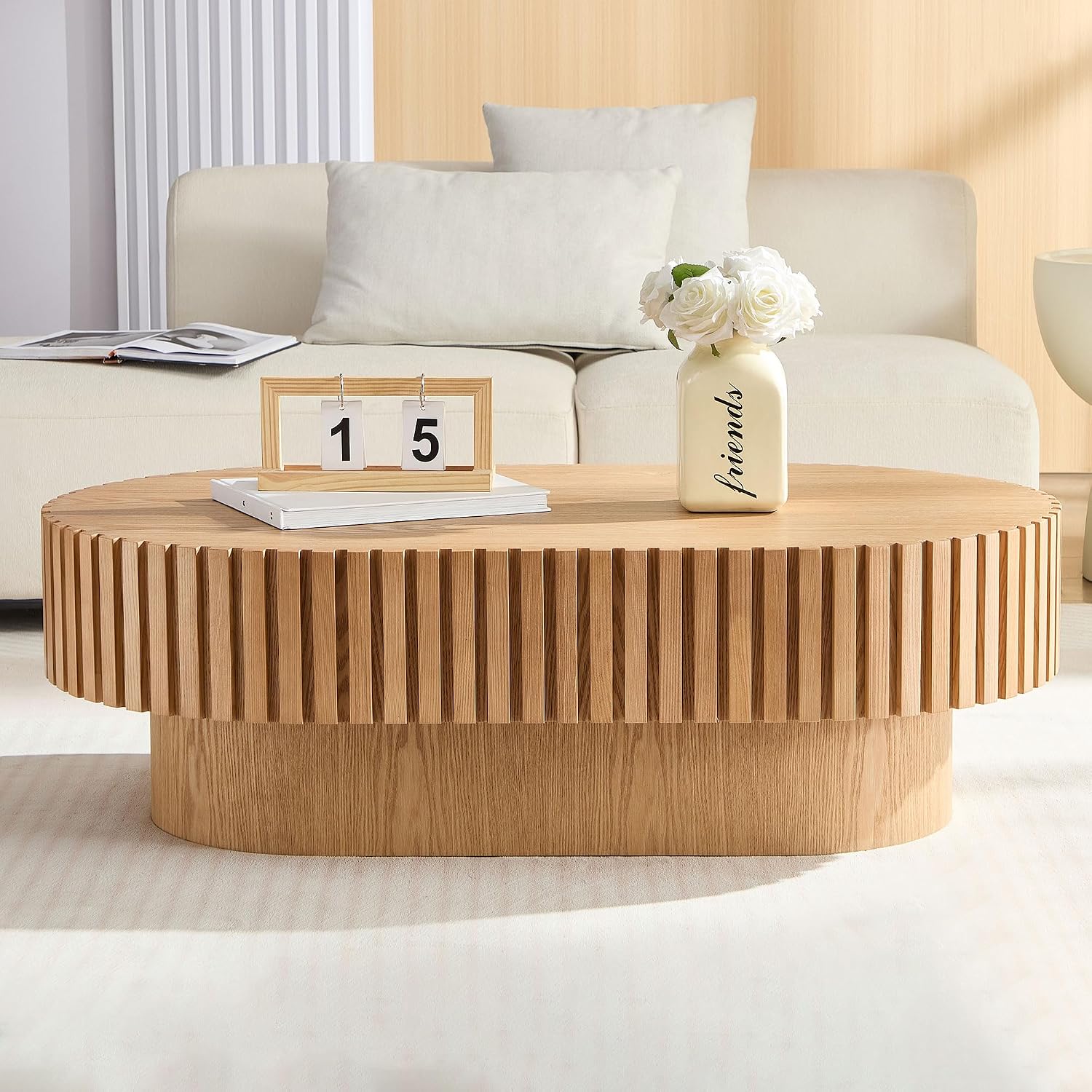 Oak Coffee Table for Living Room Oval Wooden Coffee Table with Pedestal Modern Handcrafted Centre Table Tea Table Easy Assembly 43.7'