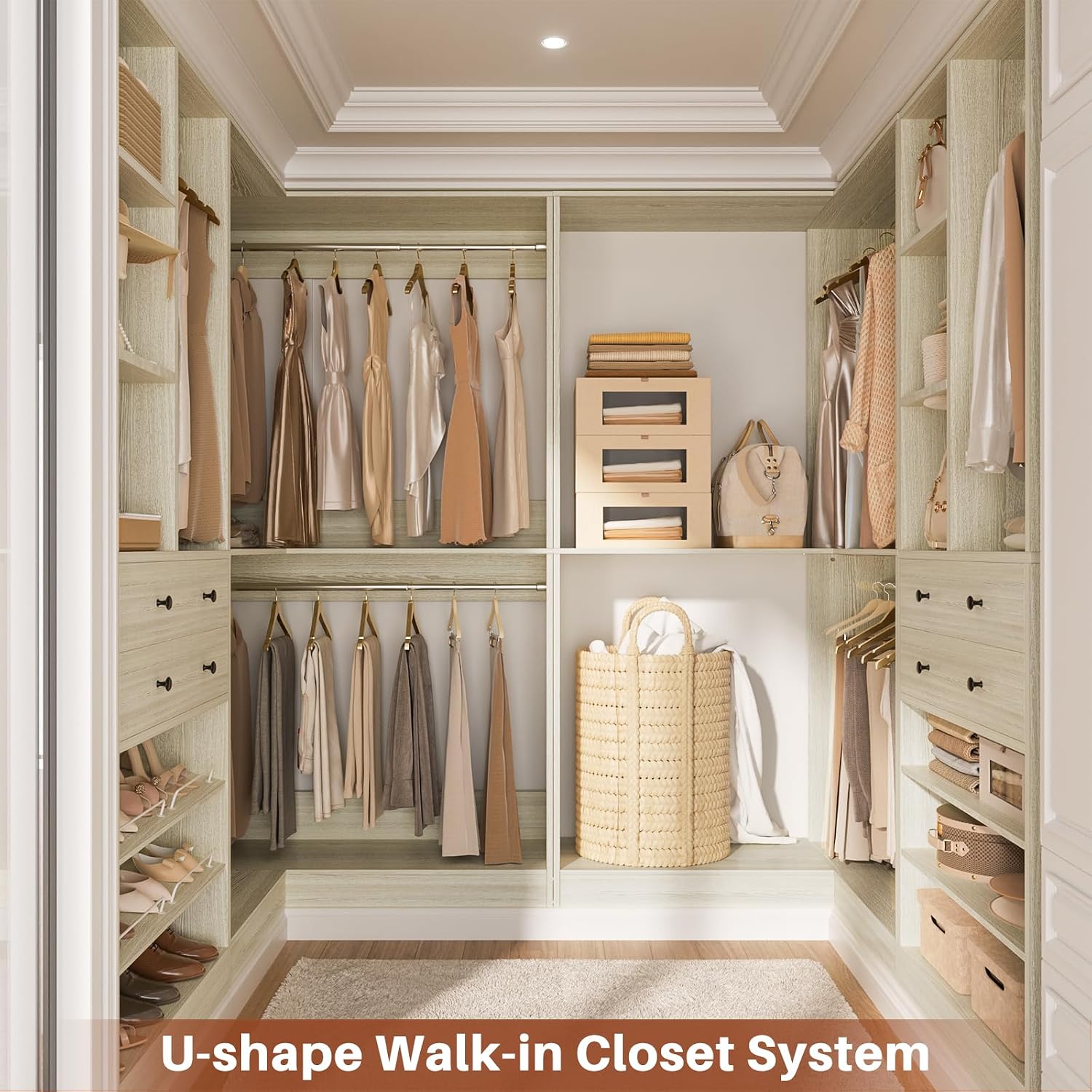 Besiost Closet System with 4 Drawers & Corner Tower, Closet Organizer System with 4 Hanging Robs, Reversible U Shaped Walk-in Closet System, Load 2600+LBS Capacity, Set of 4, Greige Oak