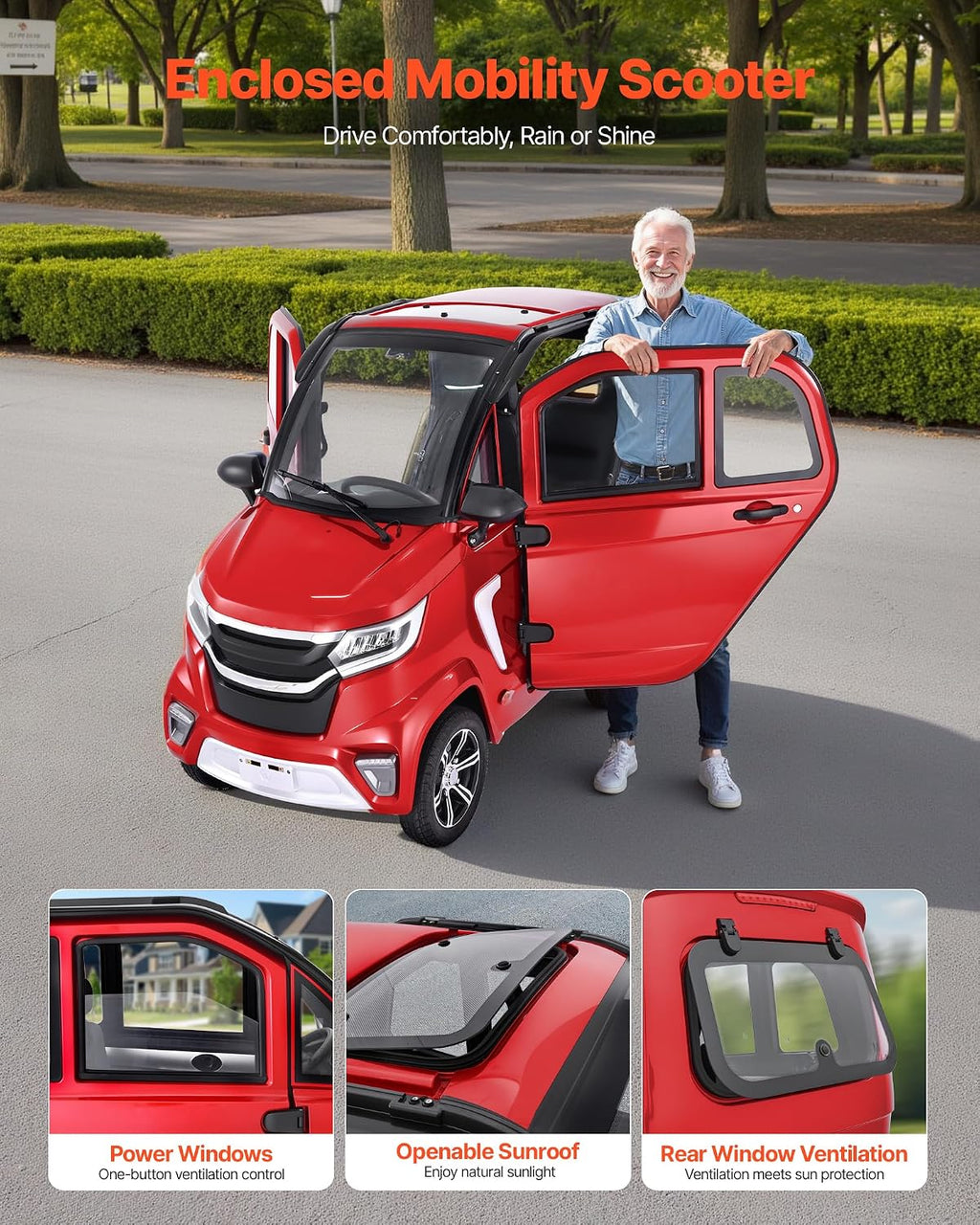 VEVOR 4-Wheel Enclosed Mobility Scooter for Seniors Adults, 660lbs Capacity, 3-Seater 2000W Electric Recreational Mobility Scooter 45 Miles Long Range, Remote Unlock, All-Terrain for Touring Shopping