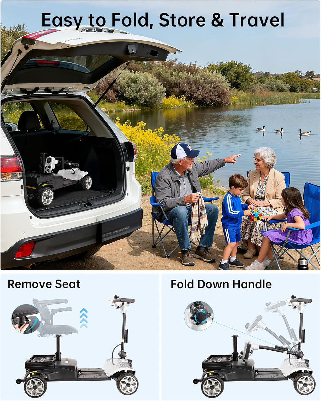 Electric Scooter for Adults & Seniors - Light Weight Mobility scooter with Auto Braking Adjustable Seat Removable Battery, Portable Foldable, 15 Mile Range, 330lb Capacity, Dual Basket, White