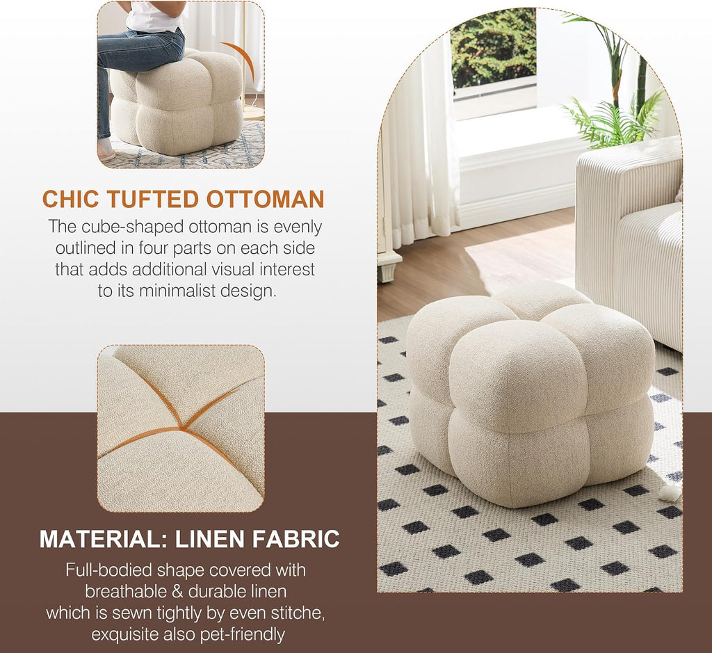 Zesthouse Square Pouf Ottomans Footstool set of 2, Upholstered Poofy Ottoman for Couch Sofa, Modern Ottoman Coffee Table for Living Room, Beige Linen Fabric Stool Foot Rest, Cute Vanity Chair Backless