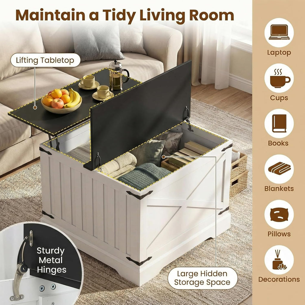 Giantex Farmhouse Lift Top Coffee Table, 31.5' Square Wood Center Table with Large Hidden Storage Compartment & Hinged Lift Top, Accent Cocktail Tea Table, Rustic Living Room Tables (Black)