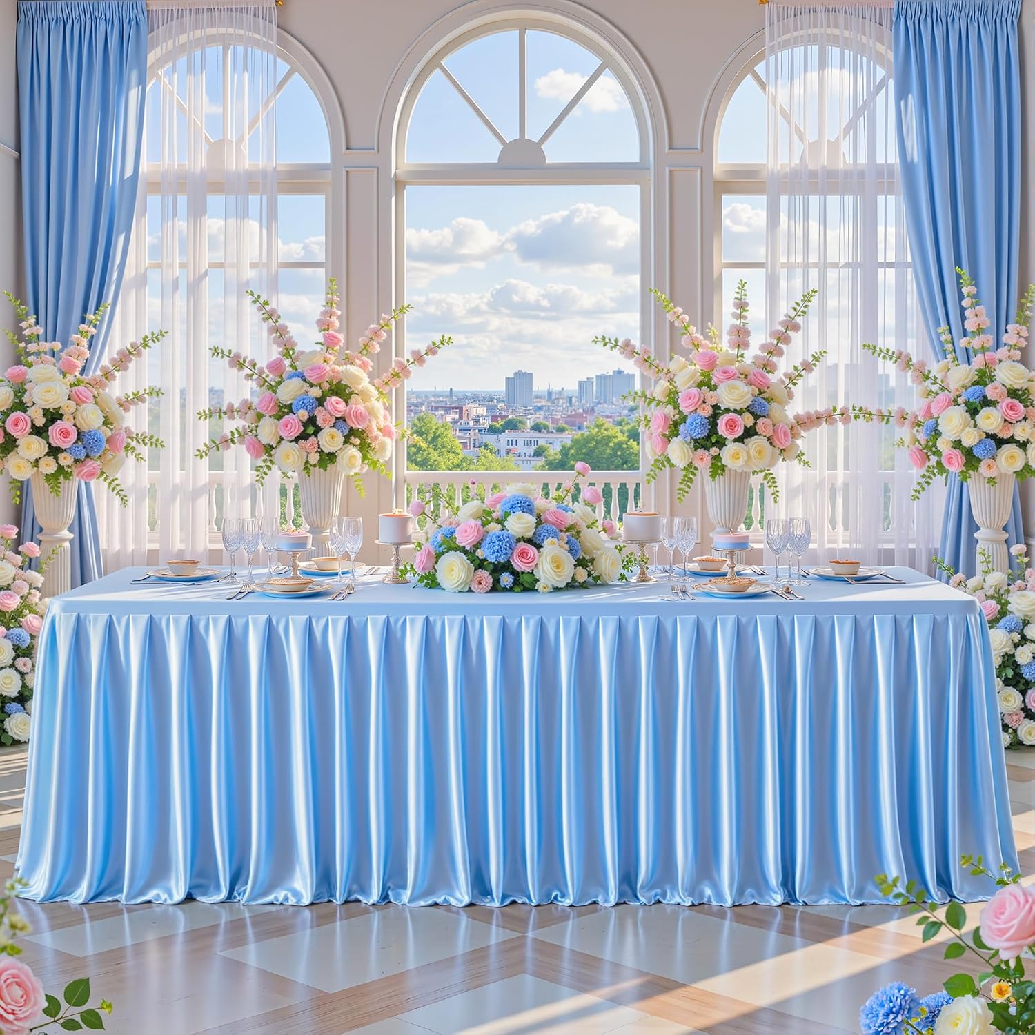 4 Pack 6FT Blue Satin Tablecloths for Rectangle Tables - Shiny Spandex Party Table Cover with Pleated Table Skirt, No-Wrinkle & Glossy Wedding Tablecloth One-Piece for Birthday Baby Shower Banquet