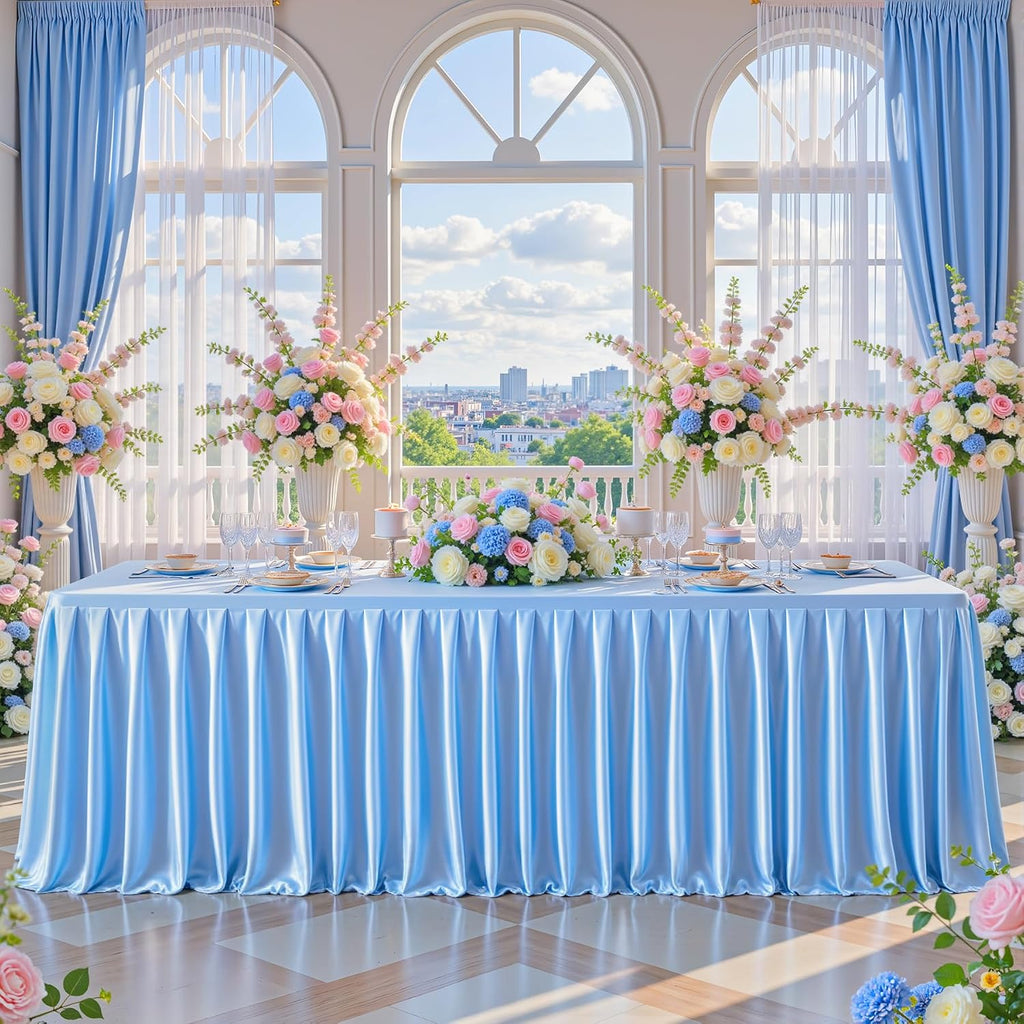 8 Pack 6FT Blue Satin Tablecloths for Rectangle Tables - Shiny Spandex Party Table Cover with Pleated Table Skirt, No-Wrinkle & Glossy Wedding Tablecloth One-Piece for Birthday Baby Shower Banquet
