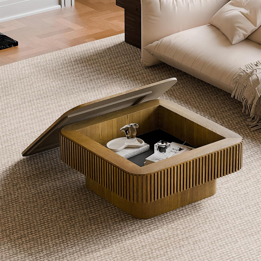 Square Coffee Table for Living Room,Fluted Drum Accent Tea Center Table with Storage,Solid Wood Modern Coffee Tables for Small Space Office Apartment (31.5' L×31.5''W×14''H-Brown)