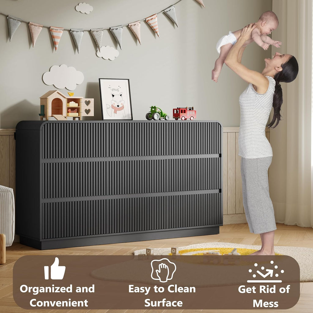 BORNOON Dresser for Bedroom with 9 Drawers, Fluted Chest of Drawers with Round Curved Corner, Hidden Handles, Modern Wood Storage Organizer for Bedroom, Nursery, Living Room