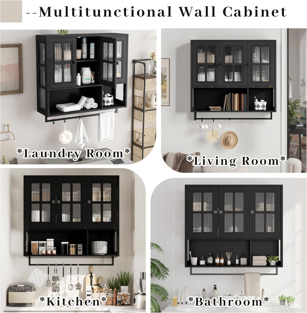 Bathroom Medicine Cabinet Wall Mount with Tempered Glass Doors Open and Hidden Storage Towel Bar for Bathroom Over The Toilet Laundry Room Kitchen