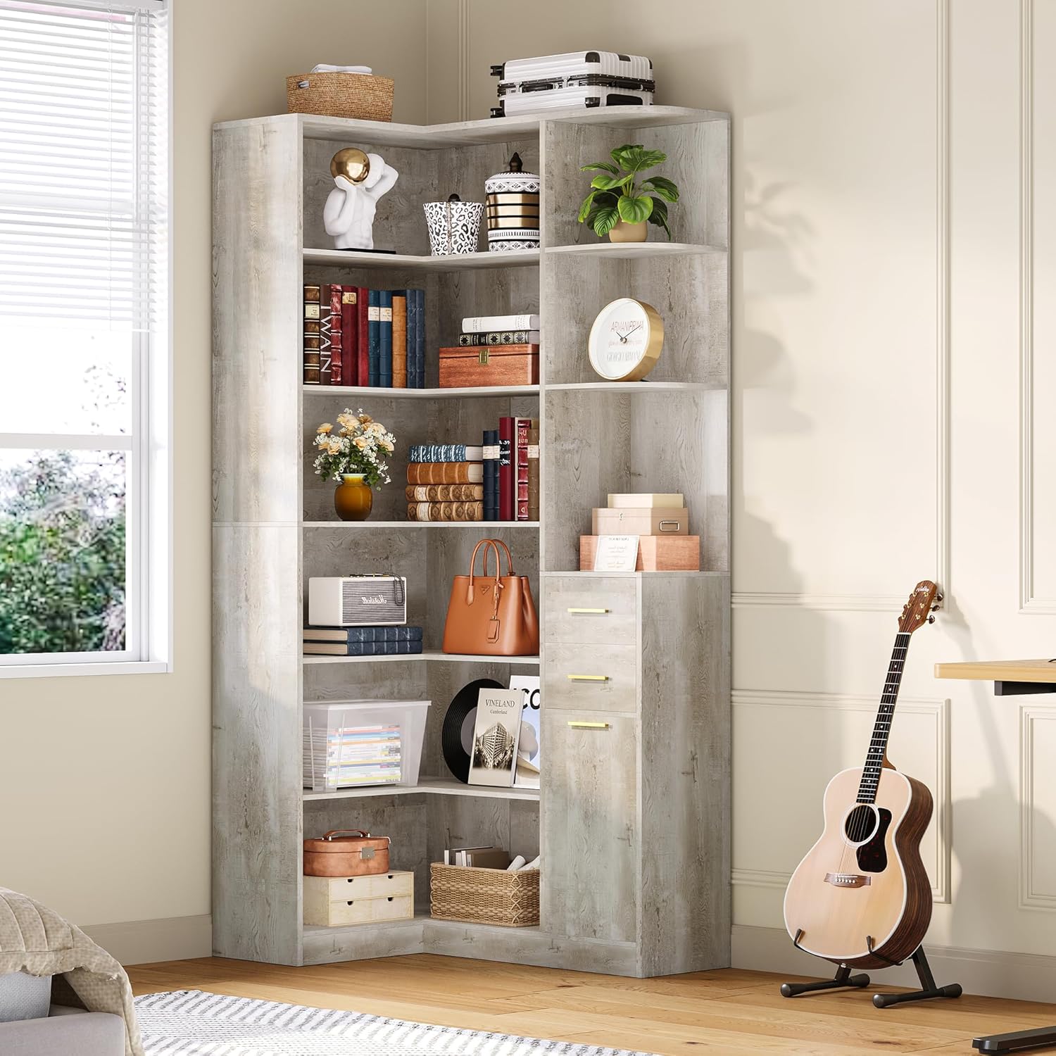IRONCK Corner Bookshelf, 76' Tall Corner Bookshelves, 6 Tiers L-Shaped Bookcase with 10 Open Shelves and 2 Storage Drawers for Living Room or Home Office