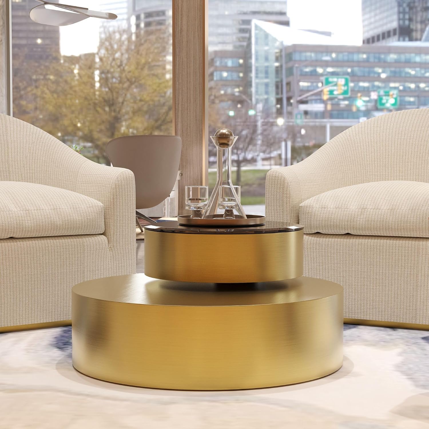 41 Inch Round Rotating Coffee Table with 360 Degree Swivel Top and 2 Tier Design, Brushed Brass Stainless Steel Frame with Black Tempered Glass, Modern Center Table for Living Room or Office