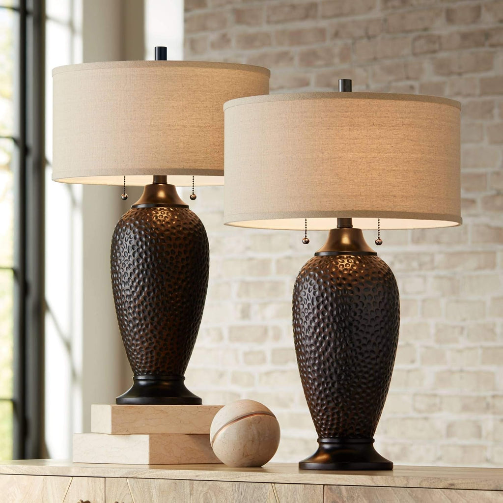 360 Lighting Cody 26' High Industrial Farmhouse Rustic Modern Table Lamps Set of 2 WiFi Smart Socket Pull Chain Oiled Bronze Finish Living Room Bedroom Bedside Nightstand House Oatmeal Shade