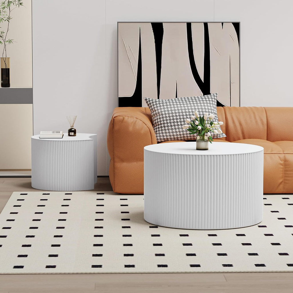 Round Coffee Table Set of 2 Modern Nesting Coffee Tables Wooden Drum Coffee Tables with Non-Slip Feet, Circle Nesting Tables End Table for Living Room Office, No Assembly (Cream 18.9'+14.96')