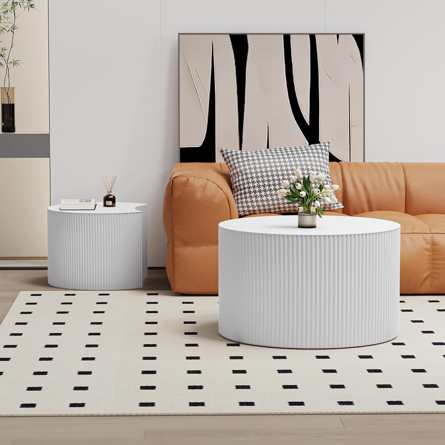 Round Coffee Table Set of 2 Modern Nesting Coffee Tables Wooden Drum Coffee Tables with Non-Slip Feet, Circle Nesting Tables End Table for Living Room Office, No Assembly (Cream 18.9'+14.96')