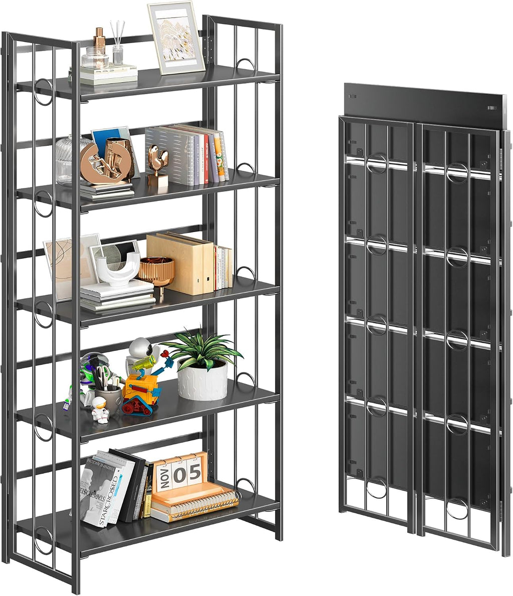 4NM No Assembly 5 Tiers Folding Bookshelf, 59.4' H Foldable Storage Shelves Vintage Bookcase Standing Racks Study Organizer Home Office - All Black