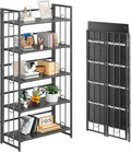 4NM No Assembly 5 Tiers Folding Bookshelf, 59.4' H Foldable Storage Shelves Vintage Bookcase Standing Racks Study Organizer Home Office - All Black