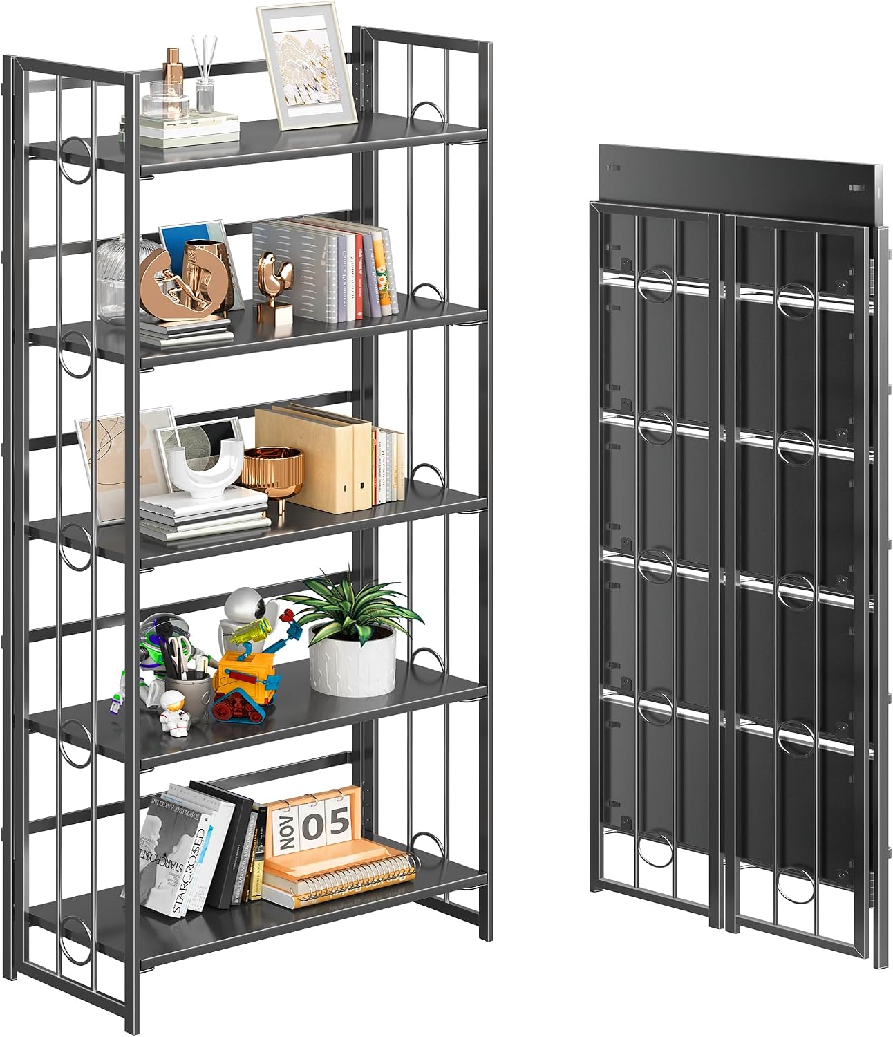 4NM No Assembly 5 Tiers Folding Bookshelf, 59.4' H Foldable Storage Shelves Vintage Bookcase Standing Racks Study Organizer Home Office - All Black