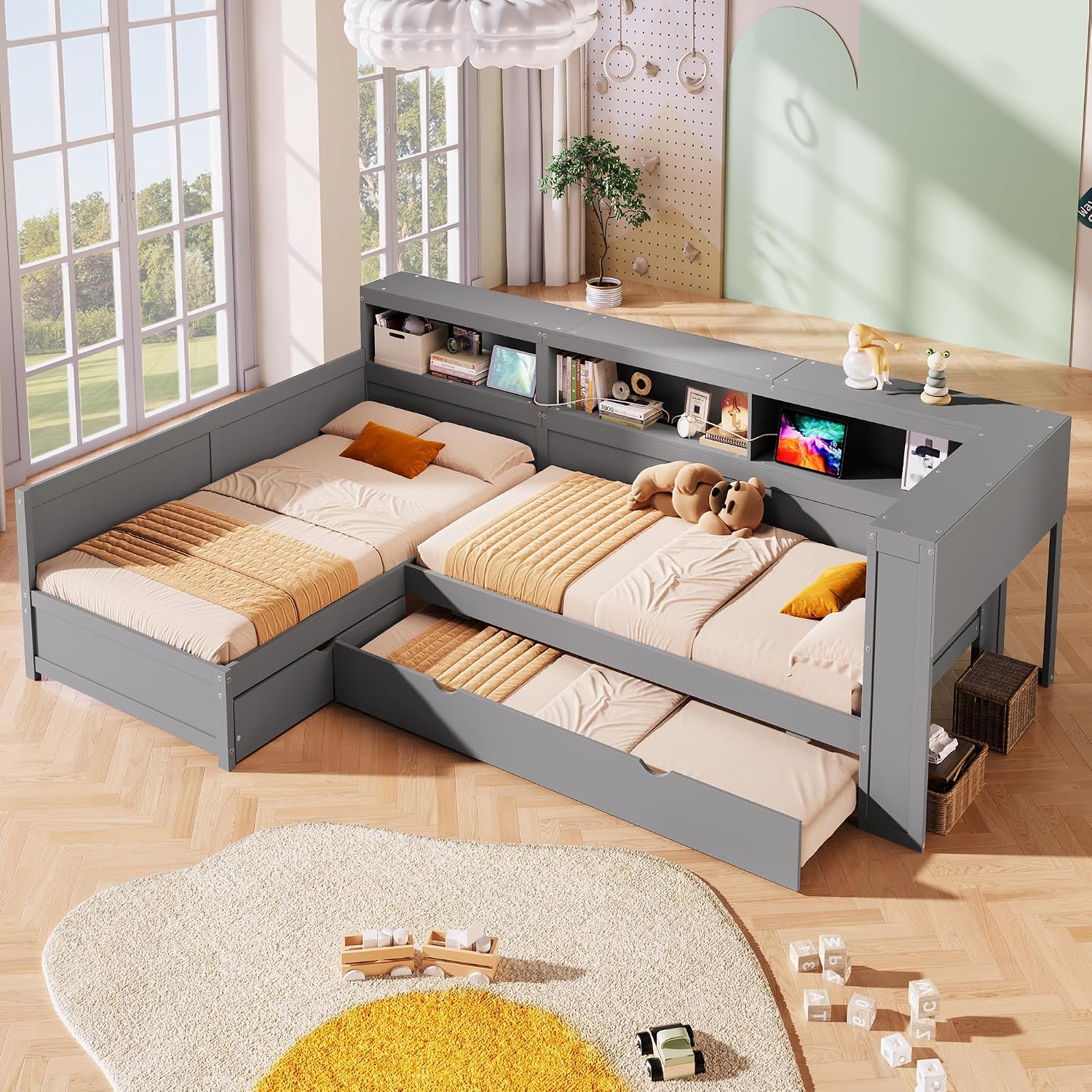 Merax Twin Size L-Shaped Platform Bed with Trundle, Corner Bed Frame with Charging Station, Storage Shelves, and Drawers, Wood Daybed for Bedroom, Guest Room,Grey