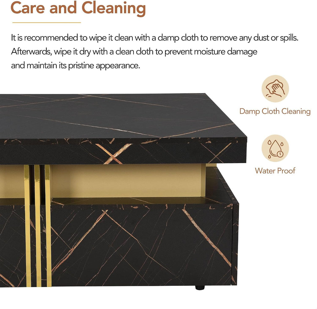 GDFStudio Barsv Modern Square Coffee Table with 4 Drawers, Stylish Storage Accent Table, Living Room Furniture with Ample Space, Remote Control Organizer, Glam Home Decor, Black + Gold