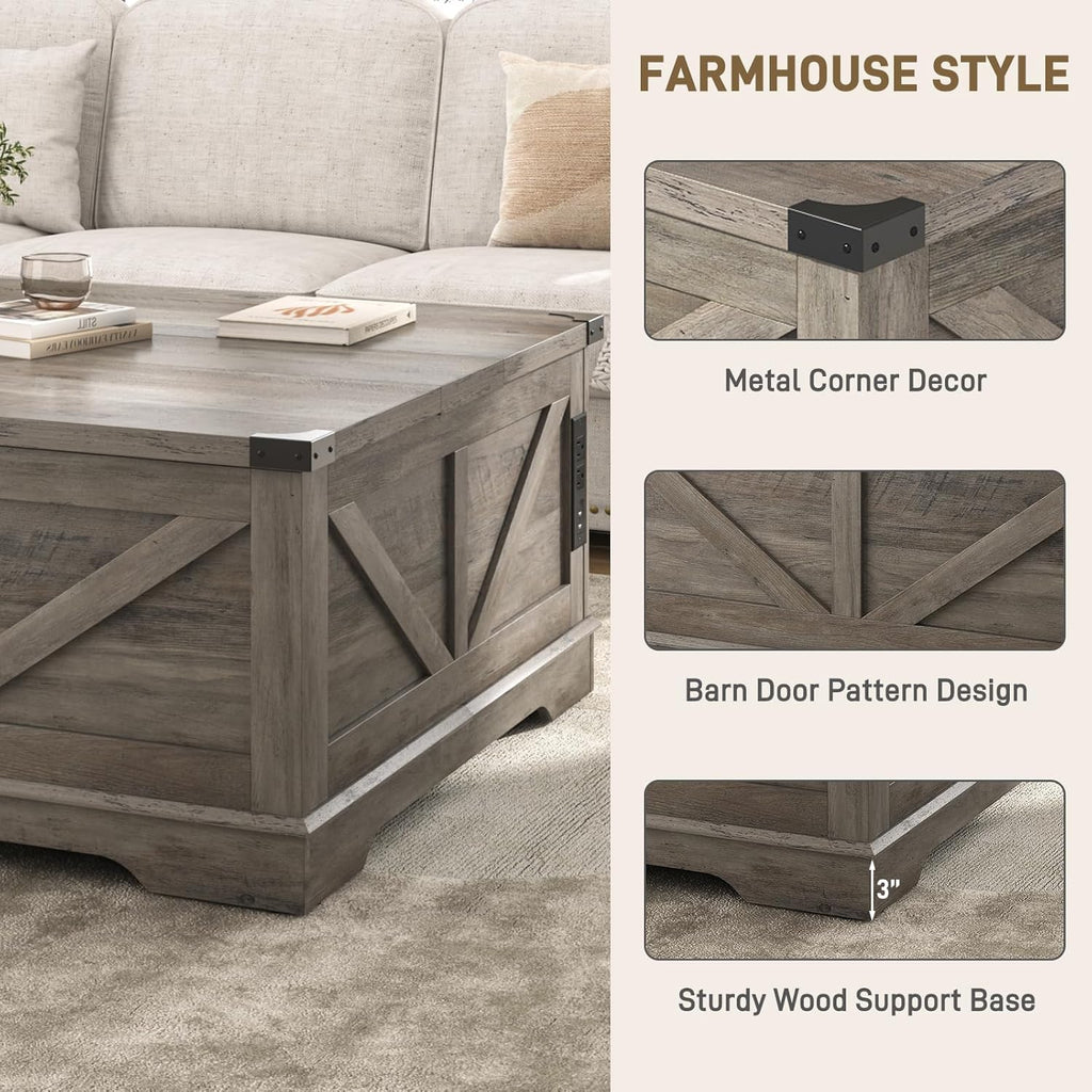 Hlivelood 40' Large Farmhouse Lift Top Coffee Table with Power Outlets and Large Hidden Storage, Square Wood Living Room Tables, Multi-Function Lift Wooden Barn Door Center Table, Grey