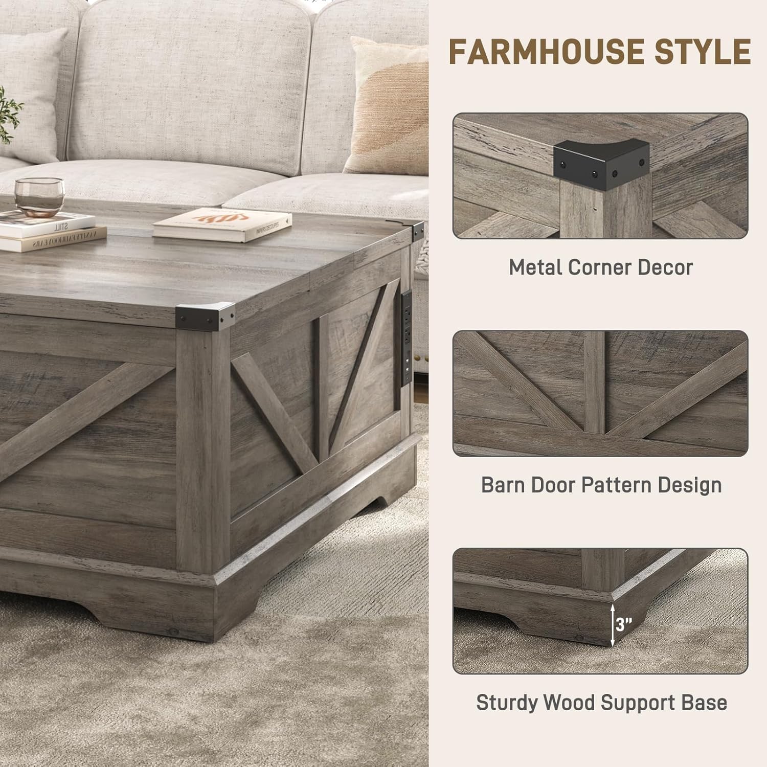 Hlivelood 40' Large Farmhouse Lift Top Coffee Table with Power Outlets and Large Hidden Storage, Square Wood Living Room Tables, Multi-Function Lift Wooden Barn Door Center Table, Grey