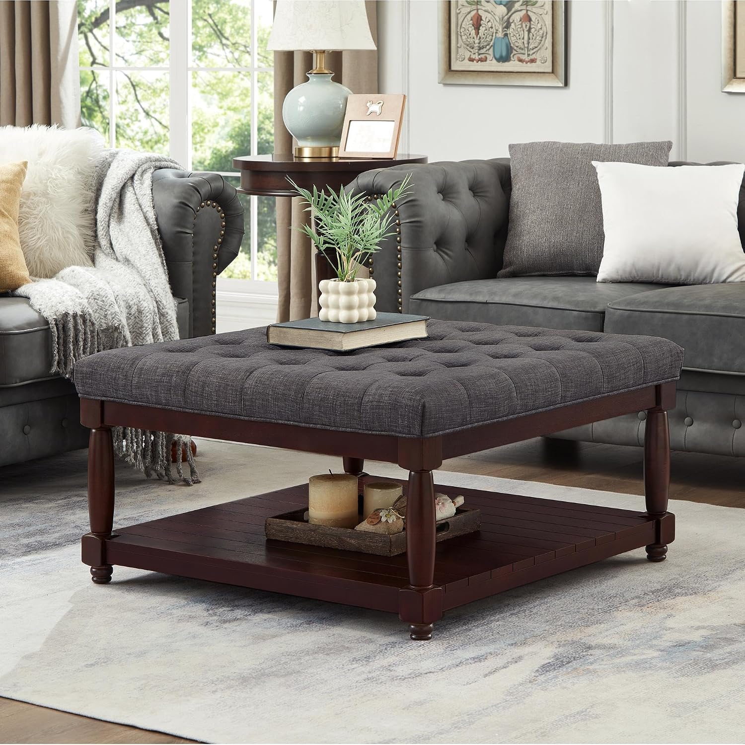 GDFStudio Large Square Upholstered Tufted Linen Ottoman Coffee Table with Solid Wood Frame and Open Storage Shelf, Nailhead Trim Accent Footrest for Living Room, Dark Gray