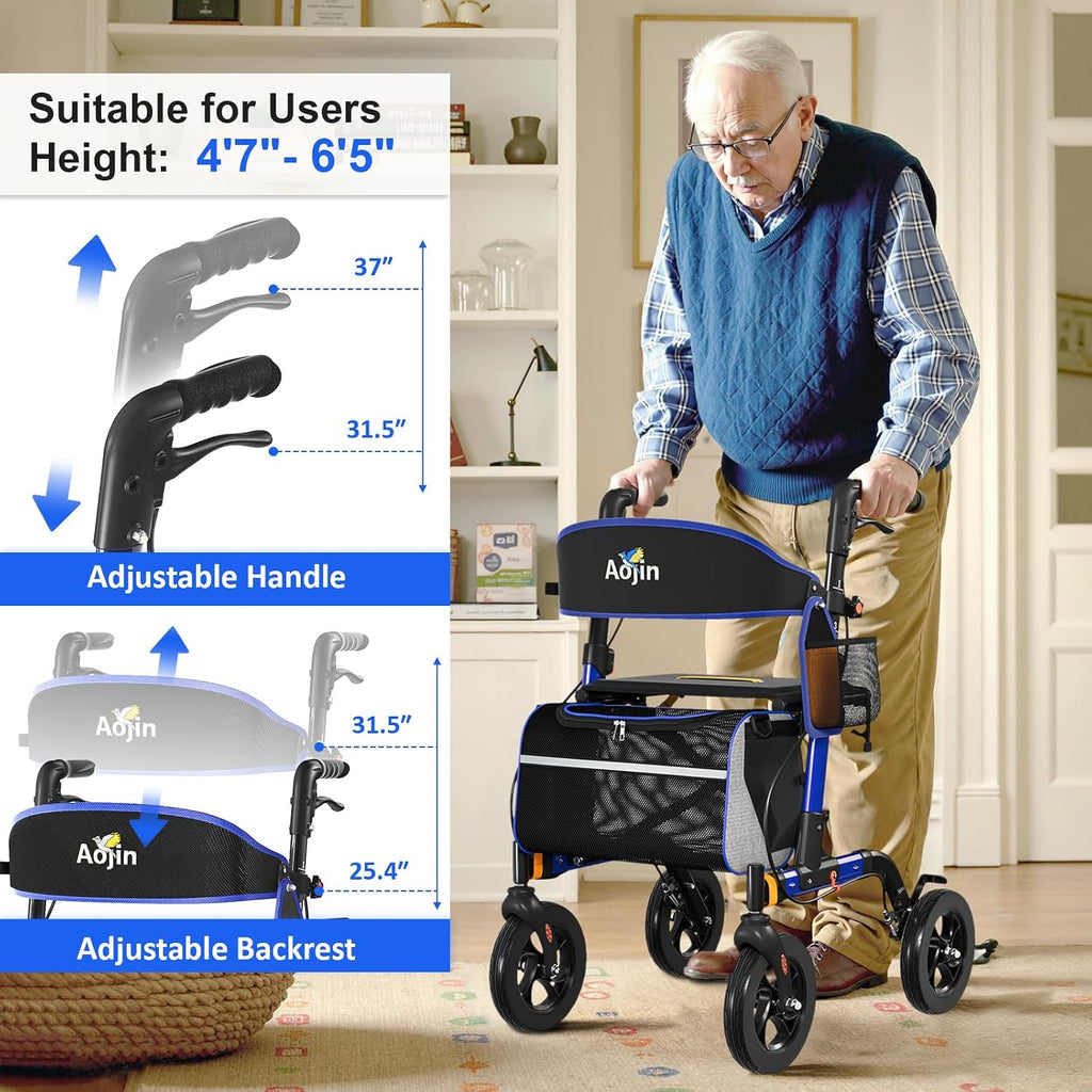 Walkers for Seniors, Rollator Walker with Seat, 350 lb Weight Capacity, 18' Big Seat, 8' All-Terrain Wheels, 6-Level Adjustable Height, Lightweight Aluminum Frame Rollator Walkers for Seniors (Blue)