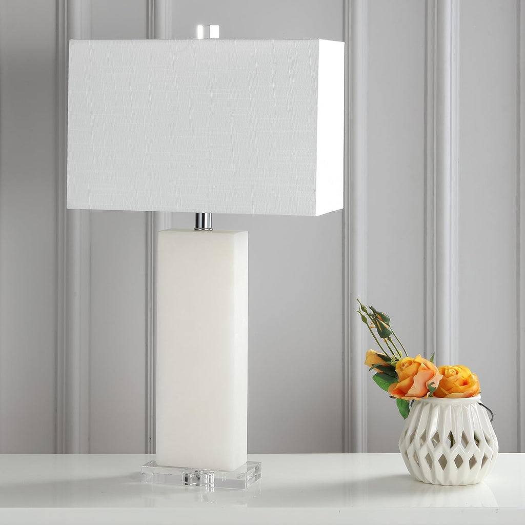JONATHAN Y 27' White Alabaster Rectangular Table Lamp Contemporary Modern Bedside Nightstand Lamp for Living Room Bedroom with White Linen Shade LED Bulb Included JYL2009A